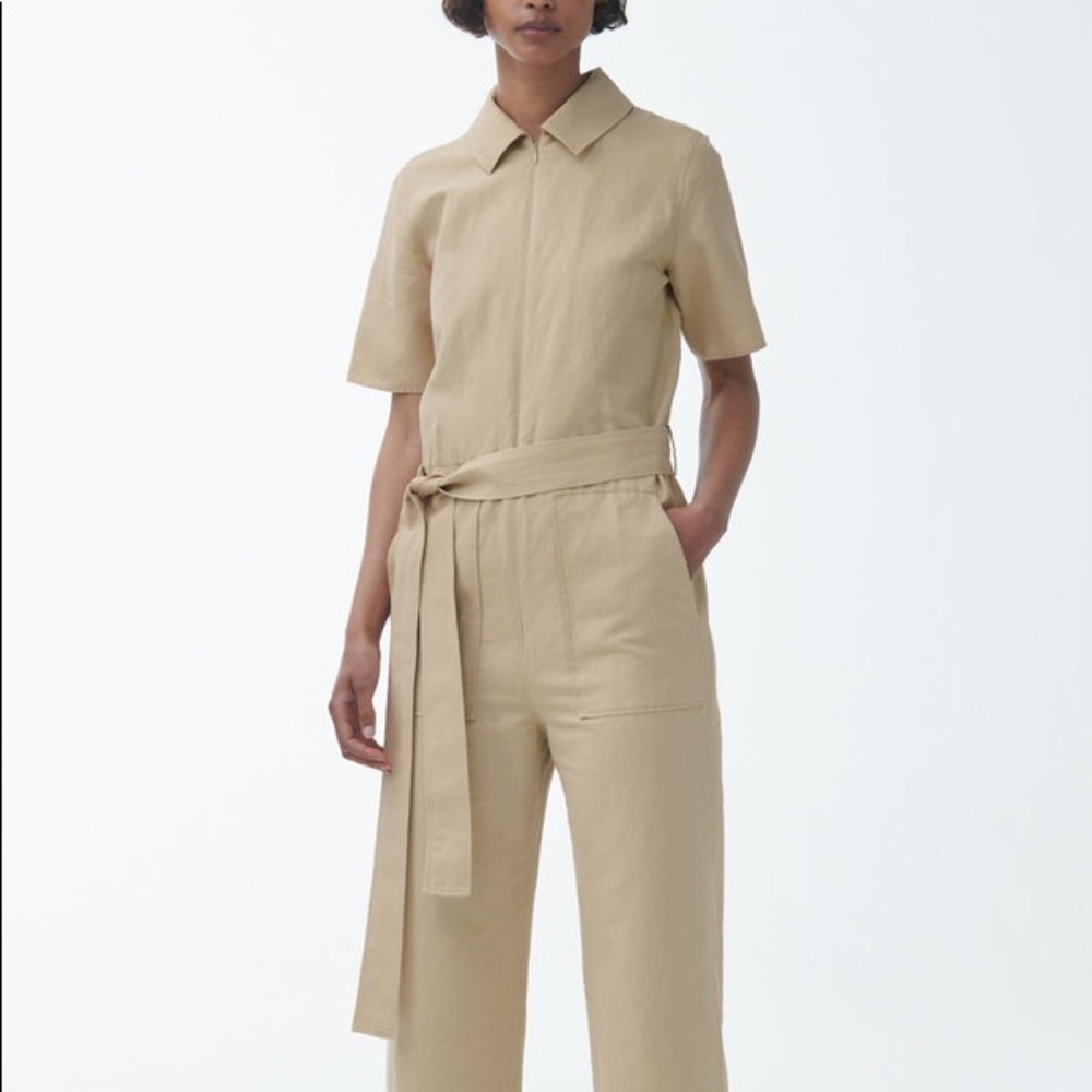COS tan zip up jumpsuit in linen material